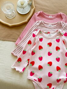 Vintaside Kids Baby Girl Fashion Ribbed Knit Multi-Piece Set: Pink Solid + Sweet Strawberry Print Vintage Pinstripe Slim Fit Comfortable Outfit - Multicolor - View 6