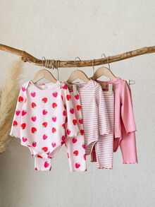 Vintaside Kids Baby Girl Fashion Ribbed Knit Multi-Piece Set: Pink Solid + Sweet Strawberry Print Vintage Pinstripe Slim Fit Comfortable Outfit - Multicolor - View 5