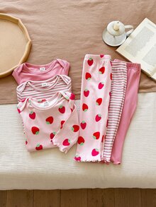 Vintaside Kids Baby Girl Fashion Ribbed Knit Multi-Piece Set: Pink Solid + Sweet Strawberry Print Vintage Pinstripe Slim Fit Comfortable Outfit - Multicolor - View 4