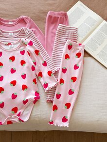 Vintaside Kids Baby Girl Fashion Ribbed Knit Multi-Piece Set: Pink Solid + Sweet Strawberry Print Vintage Pinstripe Slim Fit Comfortable Outfit - Multicolor - View 8