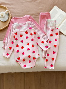 Vintaside Kids Baby Girl Fashion Ribbed Knit Multi-Piece Set: Pink Solid + Sweet Strawberry Print Vintage Pinstripe Slim Fit Comfortable Outfit - Multicolor - View 2