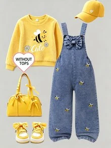 SHEIN Genkimix Kids 女童長褲 時尚百搭款 幼兒牛仔吊帶褲 春夏秋冬皆宜 復古中藍色牛仔布 黃色與白色刺繡設計 增添可愛氛圍 胸前大蝴蝶結設計 寬鬆直筒版型 簡約時尚 適合日常穿著、上學、聚會 刷毛加厚 - 藍色 - 查看 1