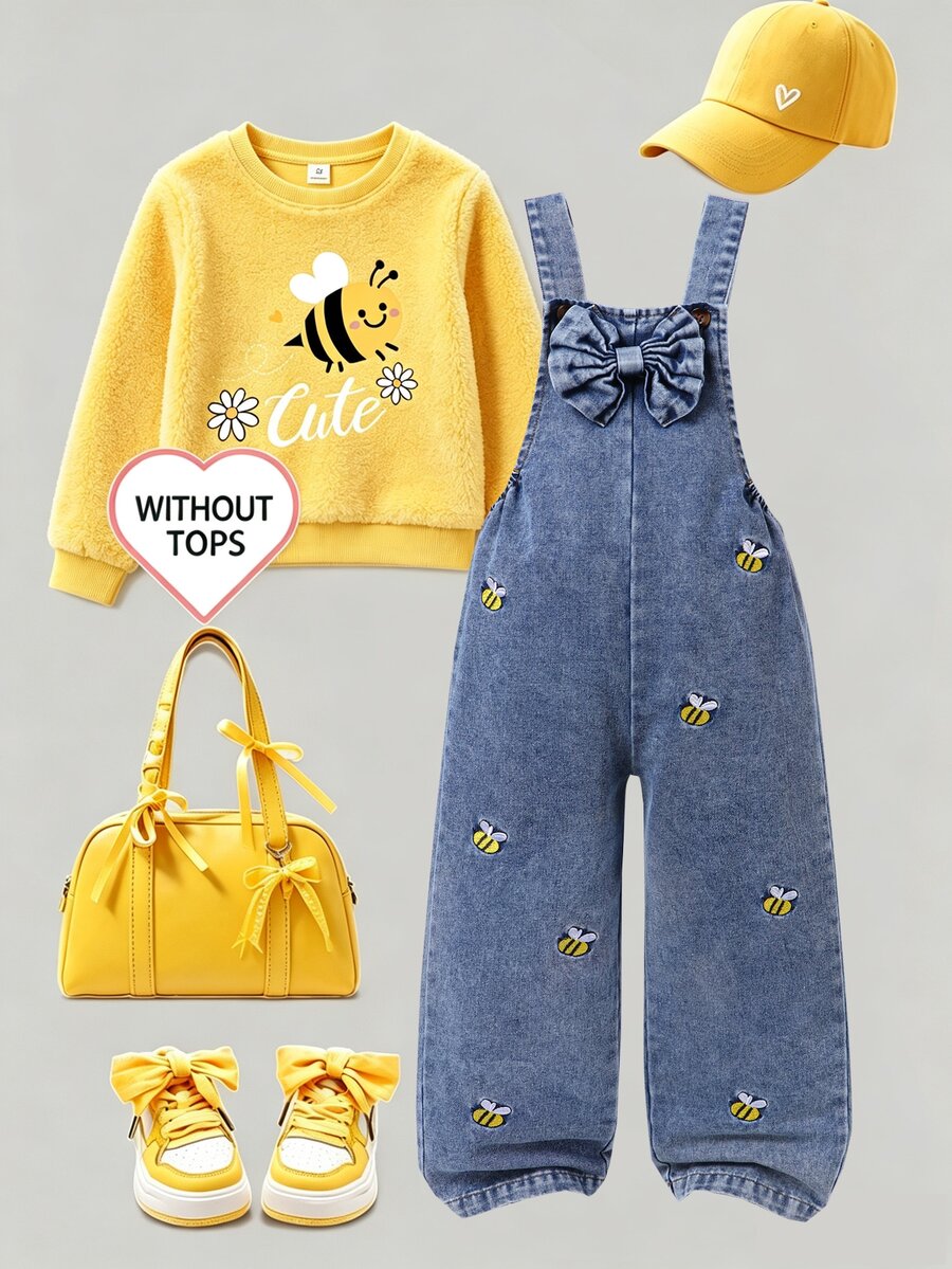 SHEIN Genkimix Kids 女童長褲 時尚百搭款 幼兒牛仔吊帶褲 春夏秋冬皆宜 復古中藍色牛仔布 黃色與白色刺繡設計 增添可愛氛圍 胸前大蝴蝶結設計 寬鬆直筒版型 簡約時尚 適合日常穿著、上學、聚會 刷毛加厚 - 藍色 - 查看 1