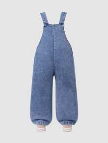 SHEIN Genkimix Kids 女童長褲 時尚百搭款 幼兒牛仔吊帶褲 春夏秋冬皆宜 復古中藍色牛仔布 黃色與白色刺繡設計 增添可愛氛圍 胸前大蝴蝶結設計 寬鬆直筒版型 簡約時尚 適合日常穿著、上學、聚會 刷毛加厚 - 藍色 - 查看 2