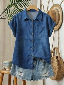 EMERY ROSE Women's Solid Color Single-Breasted Casual Versatile Daily Outing Shirt - Blue - View 3