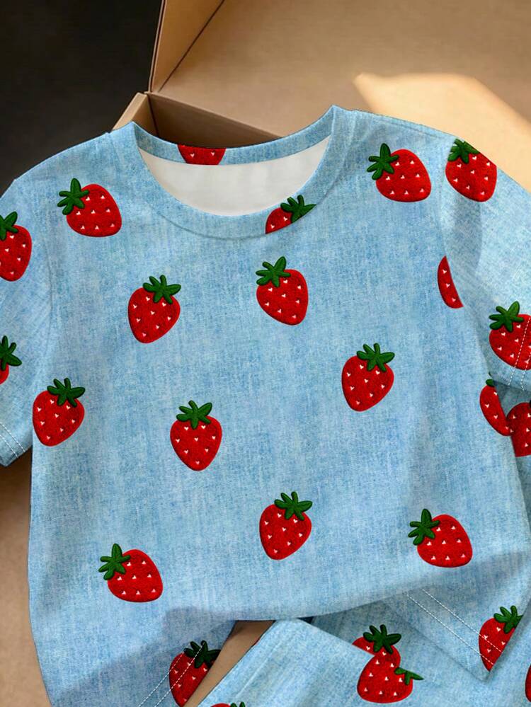 (1 Set) Girls' Fresh Casual Cute Strawberry Pattern Basic Short T-Shirt And Wide Leg Pants, Comfortable Daily Outfit For Autumn - Multicolor - View 4