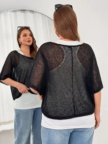SHEIN Essnce 大尺碼女款純色蝙蝠袖T恤與背心休閒套裝 - 黑與白 - 查看 7