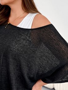 SHEIN Essnce 大尺碼女款純色蝙蝠袖T恤與背心休閒套裝 - 黑與白 - 查看 9