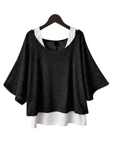 SHEIN Essnce 大尺碼女款純色蝙蝠袖T恤與背心休閒套裝 - 黑與白 - 查看 2