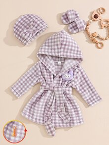 SHEIN 1件新生女嬰紫色與白色格紋毛絨長袖連帽外套，保暖休閒可愛，內層加厚保暖毛皮，附蝴蝶結帽子、拖鞋與綁帶套裝，適合冬季日常外出或室內場合 - 淡紫色 - 查看 1