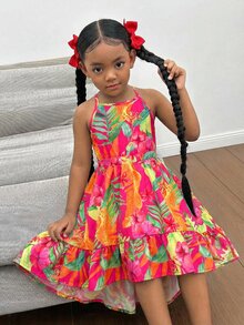 SHEIN Young Girl Pink Lemon Floral Print Ruffle Sleeves Long Dress,Summer Matching Family Vacation Holiday,Mom And Daughter & Sisters Style Beach Vacation - Multicolor - View 2