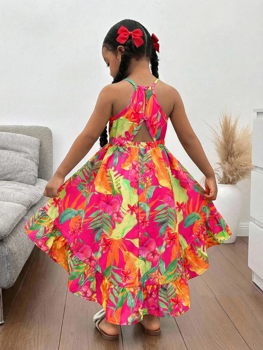 SHEIN Young Girl Pink Lemon Floral Print Ruffle Sleeves Long Dress,Summer Matching Family Vacation Holiday,Mom And Daughter & Sisters Style Beach Vacation - Multicolor - View 1