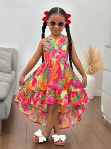 SHEIN Young Girl Pink Lemon Floral Print Ruffle Sleeves Long Dress,Summer Matching Family Vacation Holiday,Mom And Daughter & Sisters Style Beach Vacation - Multicolor - View 4