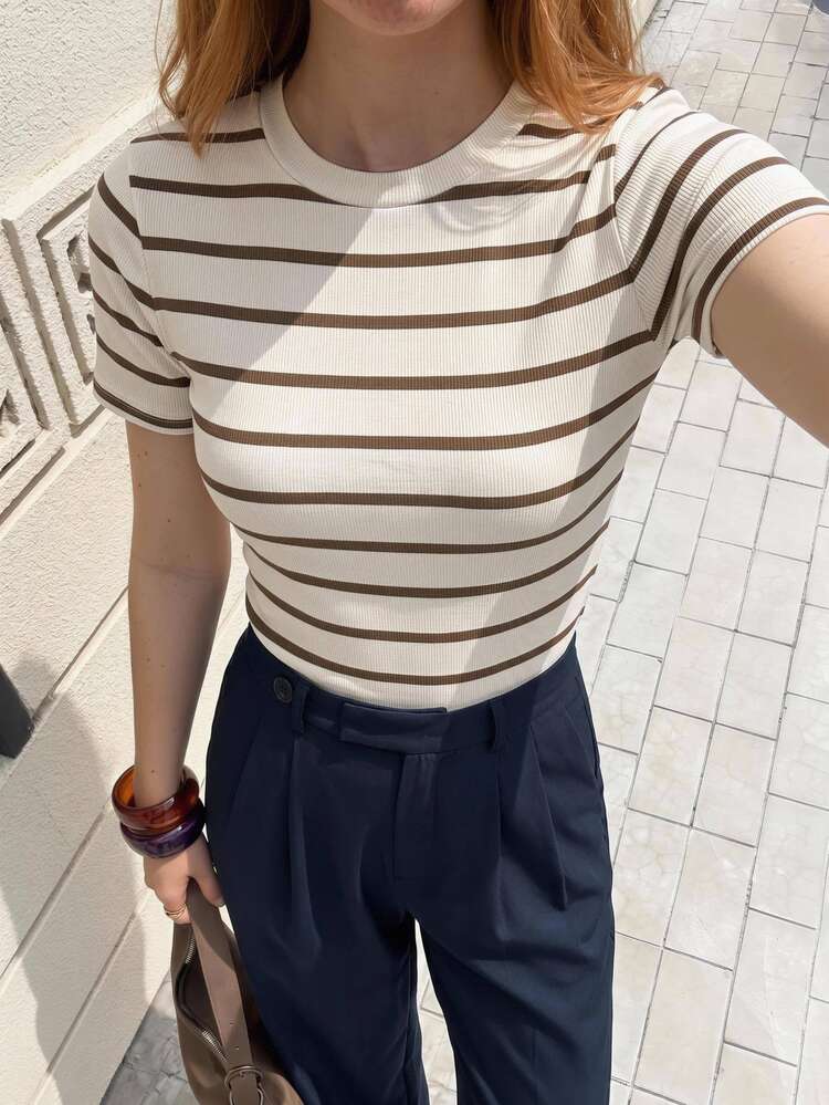 BizChic T-Shirt High Neck Short Sleeve Slim Fit Off-White Polka Dot Polka Dot Brunch Everyday Vacation Casual Slimming Elegant Versatile Summer Travel Brunch - Brown - View 2