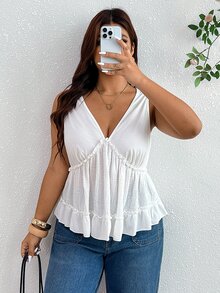 SHEIN Frenchy 女款大尺碼V領時尚拼接設計黑色細肩帶背心上衣，休閒通勤水洗肩帶背心 - 白色 - 查看 3