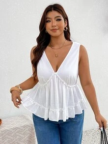SHEIN Frenchy 女款大尺碼V領時尚拼接設計黑色細肩帶背心上衣，休閒通勤水洗肩帶背心 - 白色 - 查看 4