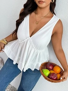SHEIN Frenchy 女款大尺碼V領時尚拼接設計黑色細肩帶背心上衣，休閒通勤水洗肩帶背心 - 白色 - 查看 6