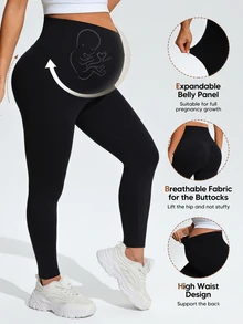 SHEIN Maternity Solid Color High Waist Daily Fitness Sports Leggings - Black - View 2