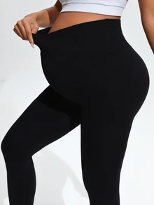 SHEIN Maternity Solid Color High Waist Daily Fitness Sports Leggings - Black - View 8