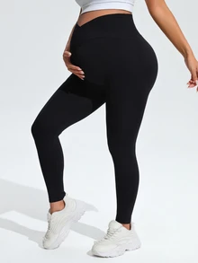 SHEIN Maternity Solid Color High Waist Daily Fitness Sports Leggings - Black - View 5