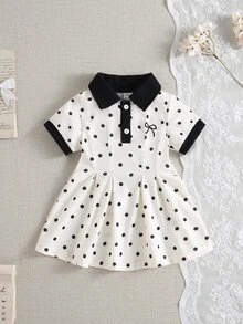 SHEIN 韓式女嬰波點收腰 A 字裙 夏季學院風拼色領 Polo 洋裝 - 黑與白 - 查看 4