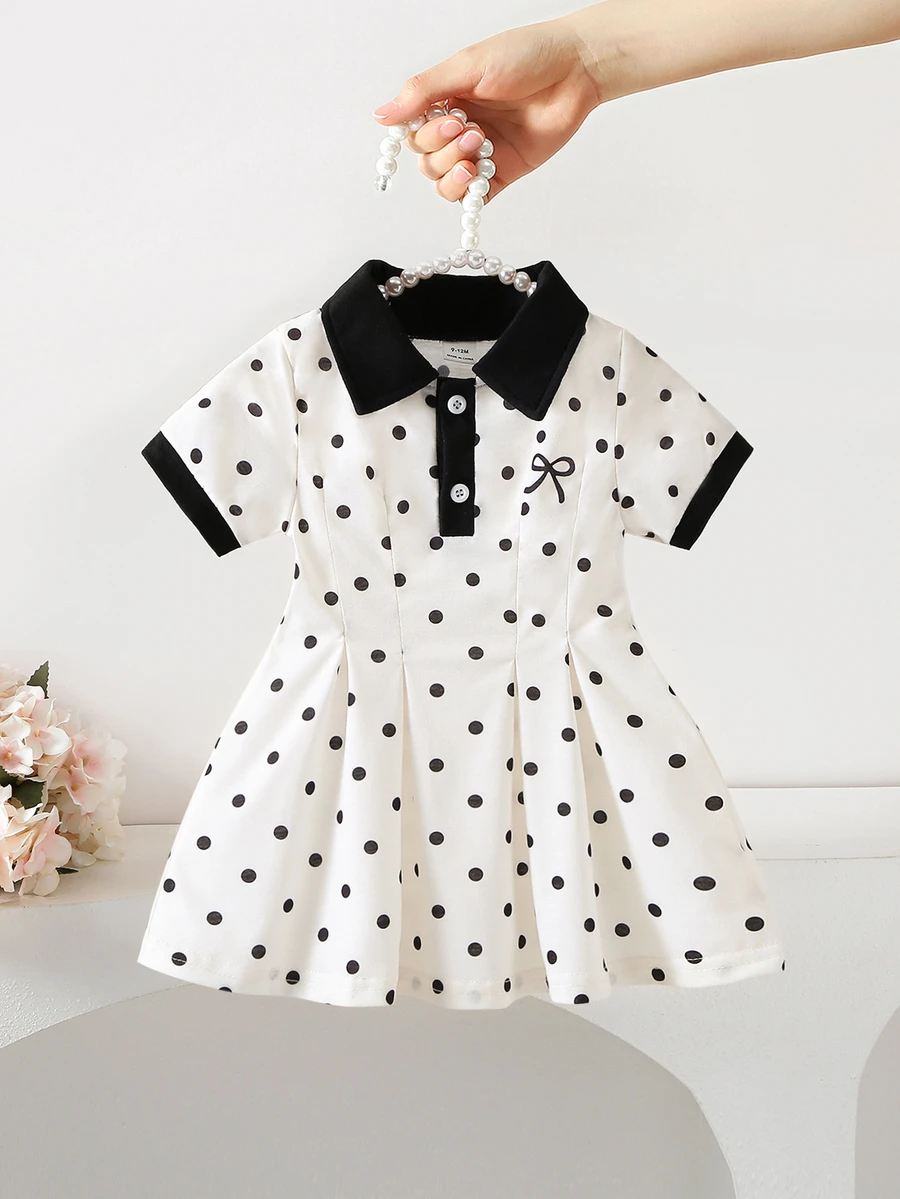 SHEIN 韓式女嬰波點收腰 A 字裙 夏季學院風拼色領 Polo 洋裝 - 黑與白 - 查看 1