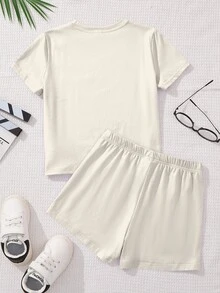 SHEIN Leap Crew 2 件套可爱樱桃蝴蝶印花奶油白色宽松休闲圆领短袖 T 恤和短裤，适合少女，适合春夏季、返校季、2000 年代风格、Y2K、清凉夏日、度假氛围 - 彩色 - 查看 2