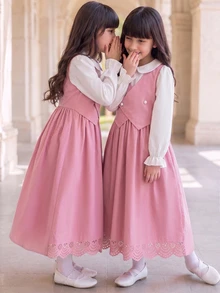 SHEIN Back To School Dress, Tween Girl Vintage School Style Pink 2 In 1 Dress, Fall, Casual, Knit, Fitted, Floral, Vacation, Loose, Ruched - Pink - View 4