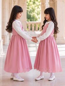 SHEIN Back To School Dress, Tween Girl Vintage School Style Pink 2 In 1 Dress, Fall, Casual, Knit, Fitted, Floral, Vacation, Loose, Ruched - Pink - View 6