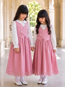 SHEIN Back To School Dress, Tween Girl Vintage School Style Pink 2 In 1 Dress, Fall, Casual, Knit, Fitted, Floral, Vacation, Loose, Ruched - Pink - View 3