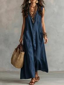 SHEIN Holidaya 女款素色單排扣多口袋休閒無袖長版襯衫洋裝 - 藍色 - 查看 4