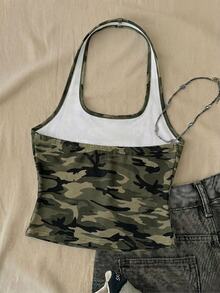 Tween Girl Tween Girls Cartoon Pattern Grey Camo Long Casual Streetwear Halter Neck Top, Slim Fit Tank Top For Summer Office Outing - Multicolor - View 2