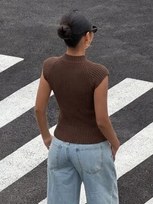 Muchica Women's Vintage Casual Button Ribbed Knit Vest, Fashion Street Style Everyday Dark Brown Summer - Coffee Brown - View 2