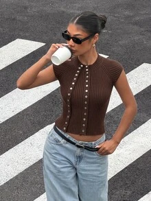 Muchica Women's Vintage Casual Button Ribbed Knit Vest, Fashion Street Style Everyday Dark Brown Summer - Coffee Brown - View 6