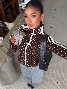 Muchica 女款波點拼色休閒復古街頭風 90s 70s 風格百搭日常旅行長袖夾克 日常度假棕色與白色秋季 - 巧克力棕 - 查看 6