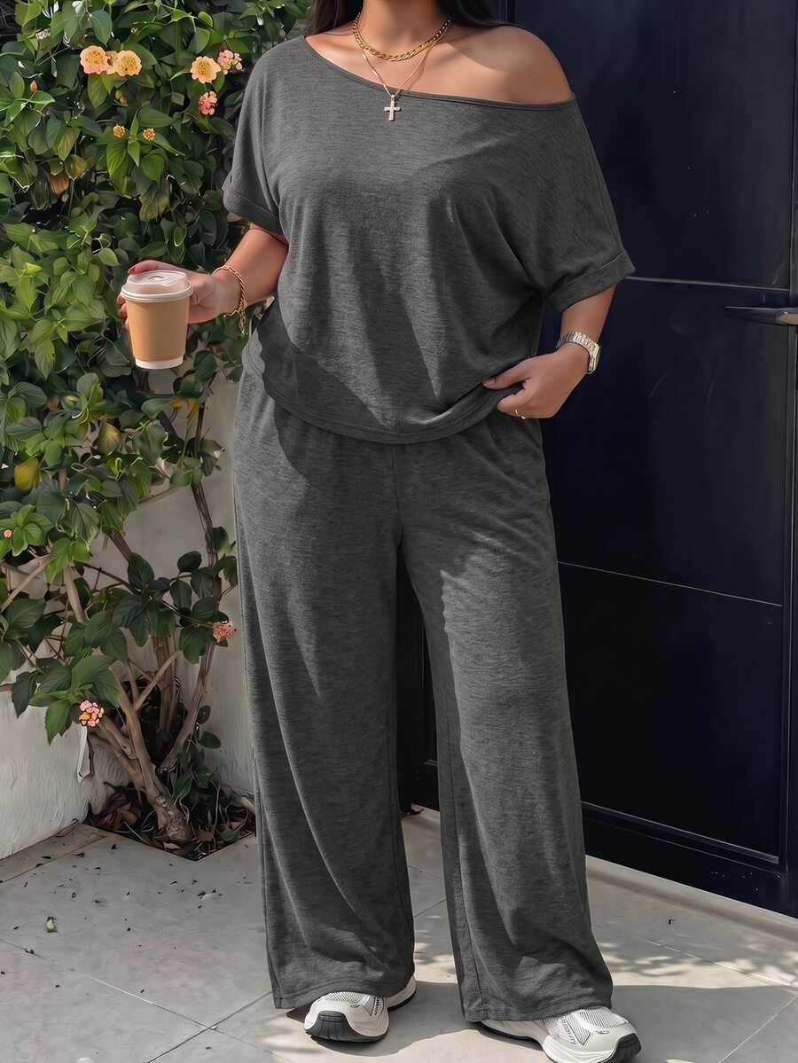 Muchica Plus Size Women Solid Color Asymmetrical Shoulder Short Sleeve T-Shirt And Wide Leg Pants Casual Traditional 2 Pieces Set Brunch Formal Grey Summer - Dark Grey - View 1