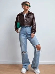 SHEIN EZwear Women's Solid Color PU Leather Casual Versatile Daily Long Sleeve Jacket - Chocolate Brown - View 3