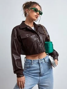 SHEIN EZwear Women's Solid Color PU Leather Casual Versatile Daily Long Sleeve Jacket - Chocolate Brown - View 5