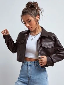 SHEIN EZwear Women's Solid Color PU Leather Casual Versatile Daily Long Sleeve Jacket - Chocolate Brown - View 4