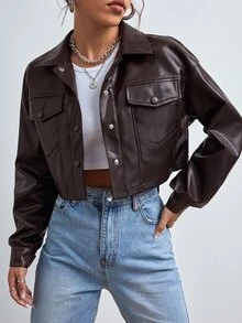 SHEIN EZwear Women's Solid Color PU Leather Casual Versatile Daily Long Sleeve Jacket - Chocolate Brown - View 1