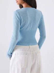 LYSMO 女款蕾絲拼接休閒百搭日常穿著開襟衫 - 淺藍色 - 查看 3