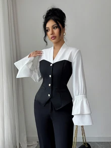 Elenzga V-Neck Long Sleeve Elegant Casual Commuter Colorblock Button-Up Blouse For Women, Ruffle Cuff, Autumn/Winter/Spring - Black and White - View 5