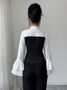Elenzga V-Neck Long Sleeve Elegant Casual Commuter Colorblock Button-Up Blouse For Women, Ruffle Cuff, Autumn/Winter/Spring - Black and White - View 2