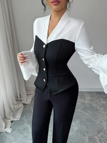 Elenzga V-Neck Long Sleeve Elegant Casual Commuter Colorblock Button-Up Blouse For Women, Ruffle Cuff, Autumn/Winter/Spring - Black and White - View 3