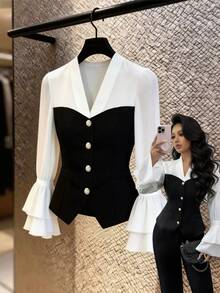 Elenzga V-Neck Long Sleeve Elegant Casual Commuter Colorblock Button-Up Blouse For Women, Ruffle Cuff, Autumn/Winter/Spring - Black and White - View 7