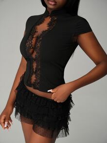 Nooralise Women's Lace Patchwork Casual Sexy Versatile Daily T-Shirt Halloween Night Out Date Night Black Summer - Black - View 6