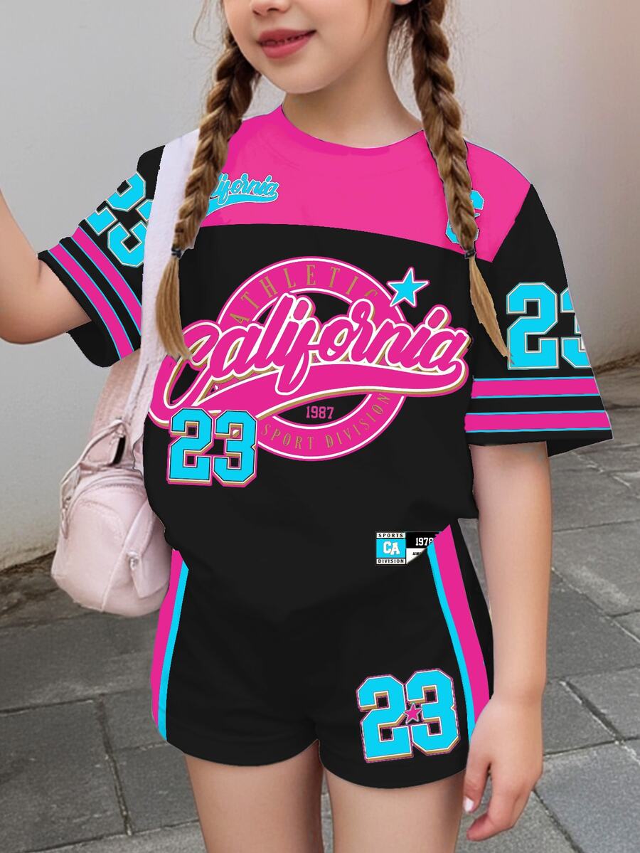 2pcs/Set Black Tween Girls Numeric 23 Print Retro American College Sports Shorts & Short Sleeve Top Set,Summer Cow Boy School Back-To-School Clothes - Multicolor - View 1