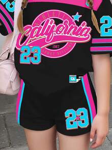 2pcs/Set Black Tween Girls Numeric 23 Print Retro American College Sports Shorts & Short Sleeve Top Set,Summer Cow Boy School Back-To-School Clothes - Multicolor - View 4