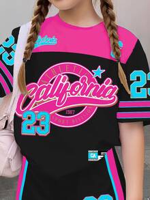 2pcs/Set Black Tween Girls Numeric 23 Print Retro American College Sports Shorts & Short Sleeve Top Set,Summer Cow Boy School Back-To-School Clothes - Multicolor - View 3