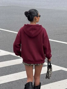 Muchica 時尚休閒風 鏤空孔設計 寬鬆開襟保暖內裡連帽衛衣 - 酒紅色 - 查看 2